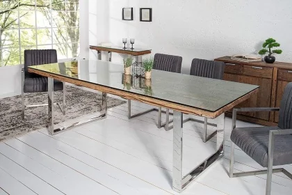 TABLE 210X100CM MARRON ARGENTE BOIS VERRE METAL