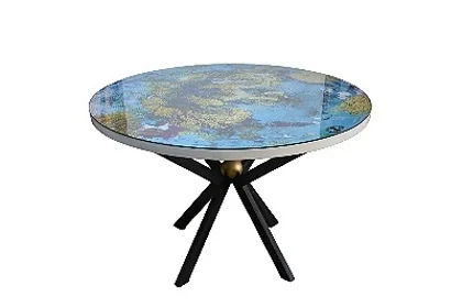 TABLE ROND Ø120CM BLEU JAUNE NOIR VERRE METAL
